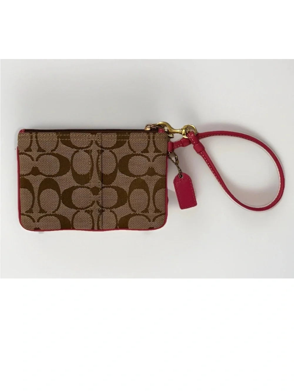 Coach Wristlet Signature Canvas,Hot Pink Leather Trim, Floral Appliqué, Crystals